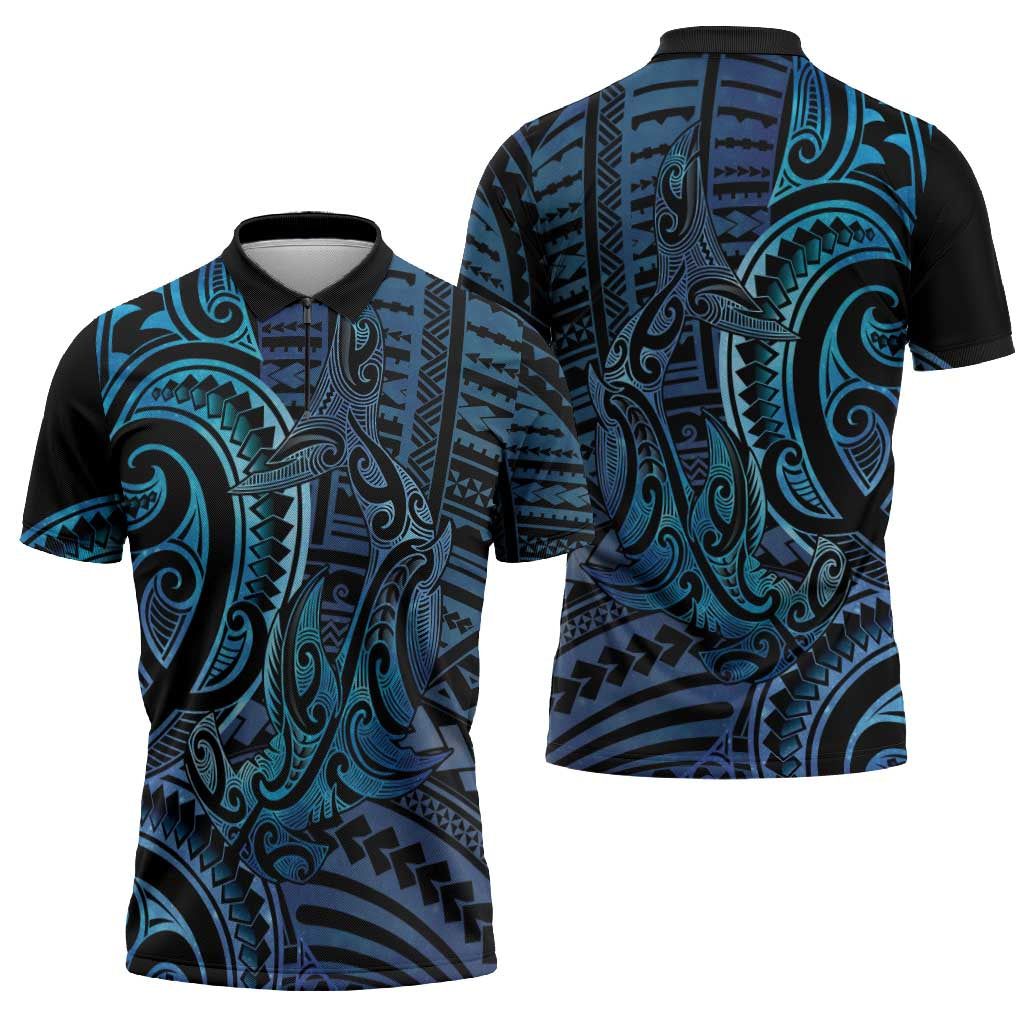 New Zealand Hammerhead Shark Zipper Polo Shirt Maori Haehae Mangopare Galaxy - Polynesian Pride