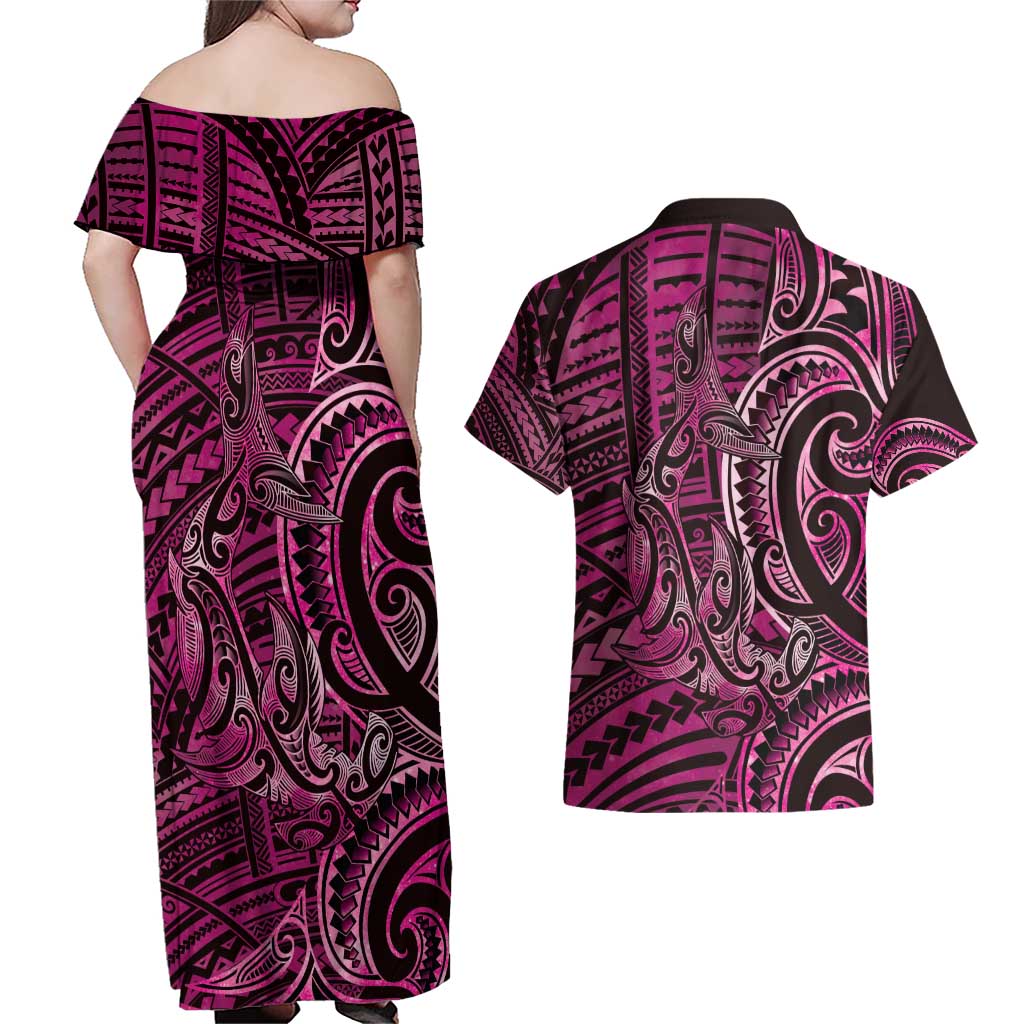 New Zealand Hammerhead Shark Couples Matching Off Shoulder Maxi Dress and Hawaiian Shirt Maori Haehae Mangopare Pink - Polynesian Pride