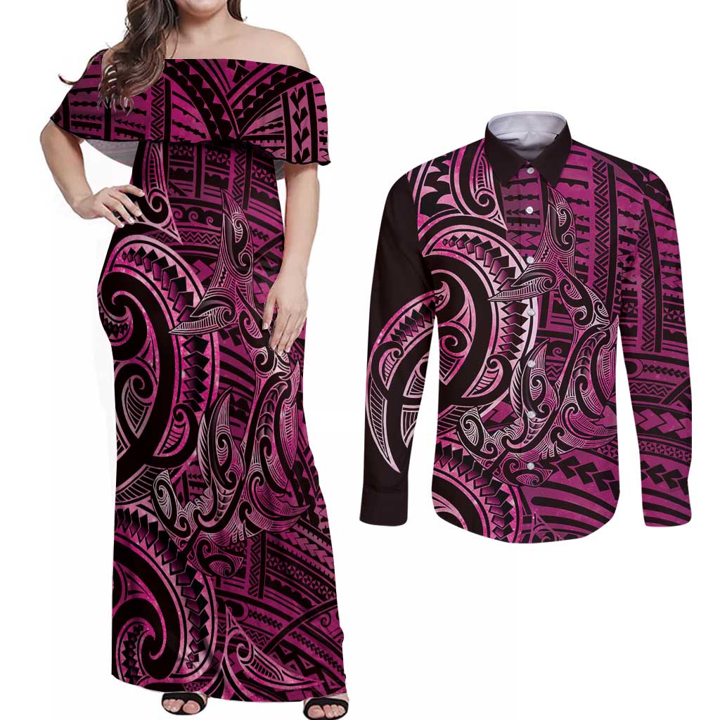 New Zealand Hammerhead Shark Couples Matching Off Shoulder Maxi Dress and Long Sleeve Button Shirt Maori Haehae Mangopare Pink - Polynesian Pride