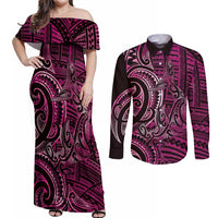 New Zealand Hammerhead Shark Couples Matching Off Shoulder Maxi Dress and Long Sleeve Button Shirt Maori Haehae Mangopare Pink - Polynesian Pride