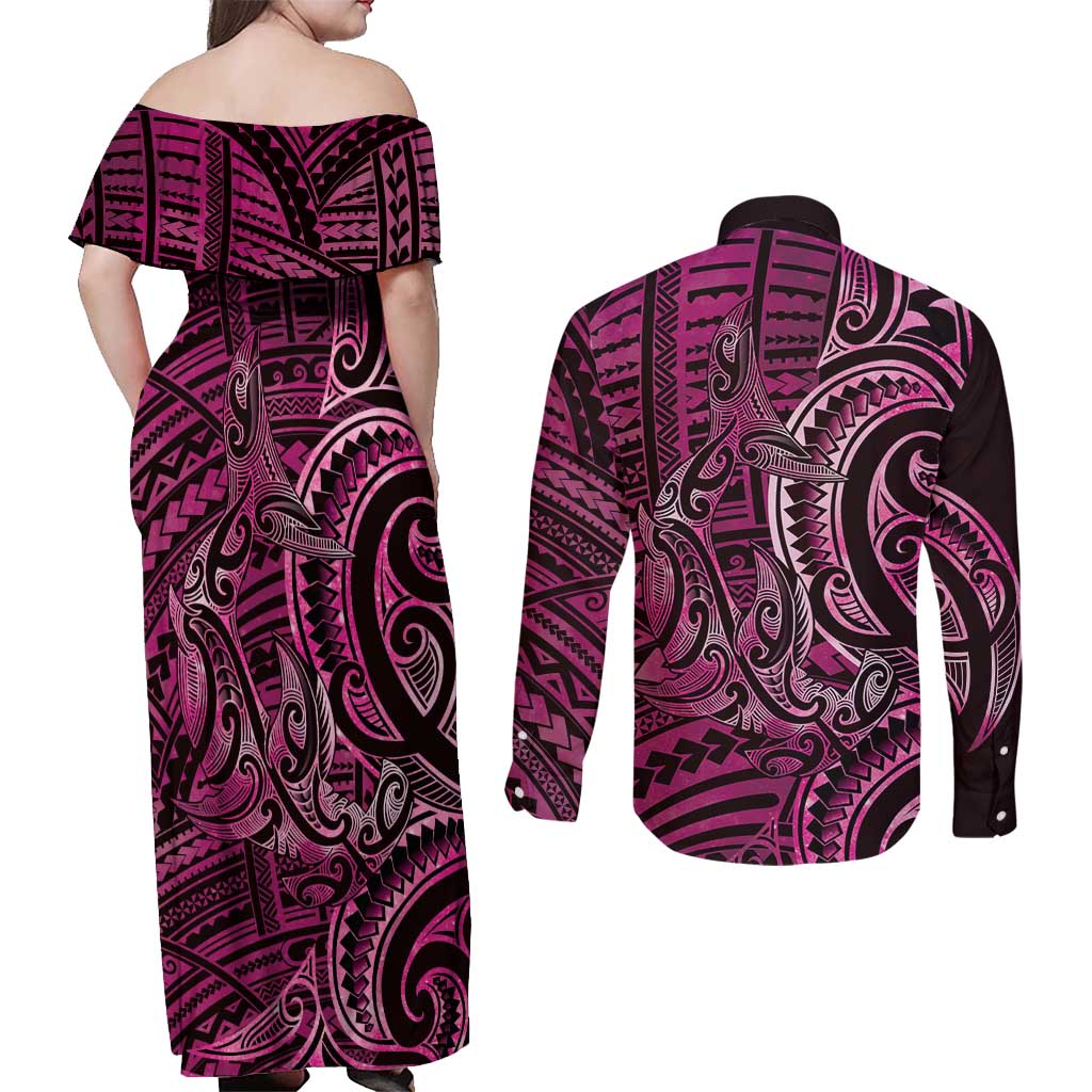New Zealand Hammerhead Shark Couples Matching Off Shoulder Maxi Dress and Long Sleeve Button Shirt Maori Haehae Mangopare Pink - Polynesian Pride
