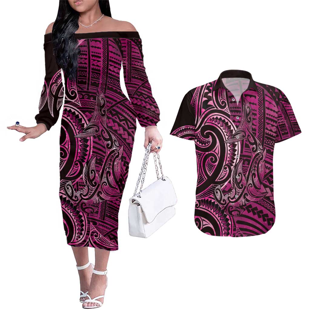 New Zealand Hammerhead Shark Couples Matching Off The Shoulder Long Sleeve Dress and Hawaiian Shirt Maori Haehae Mangopare Pink - Polynesian Pride
