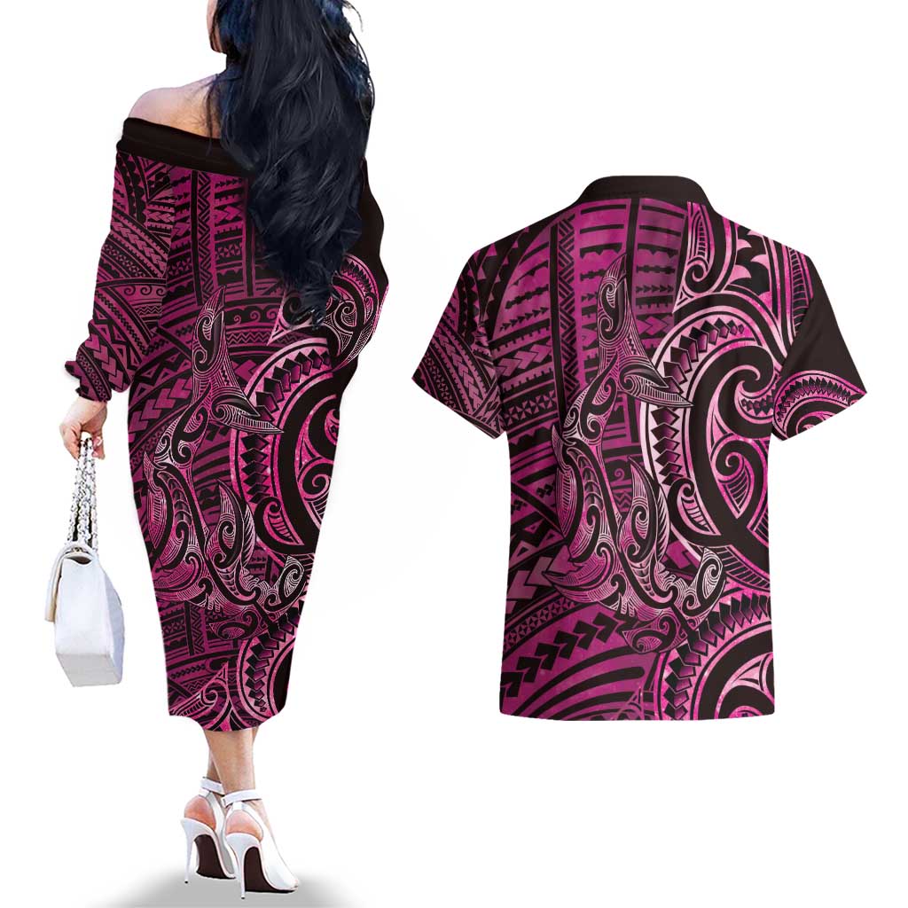 New Zealand Hammerhead Shark Couples Matching Off The Shoulder Long Sleeve Dress and Hawaiian Shirt Maori Haehae Mangopare Pink - Polynesian Pride