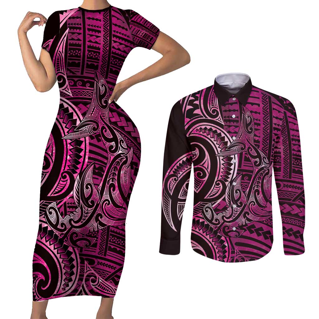 New Zealand Hammerhead Shark Couples Matching Short Sleeve Bodycon Dress and Long Sleeve Button Shirt Maori Haehae Mangopare Pink - Polynesian Pride