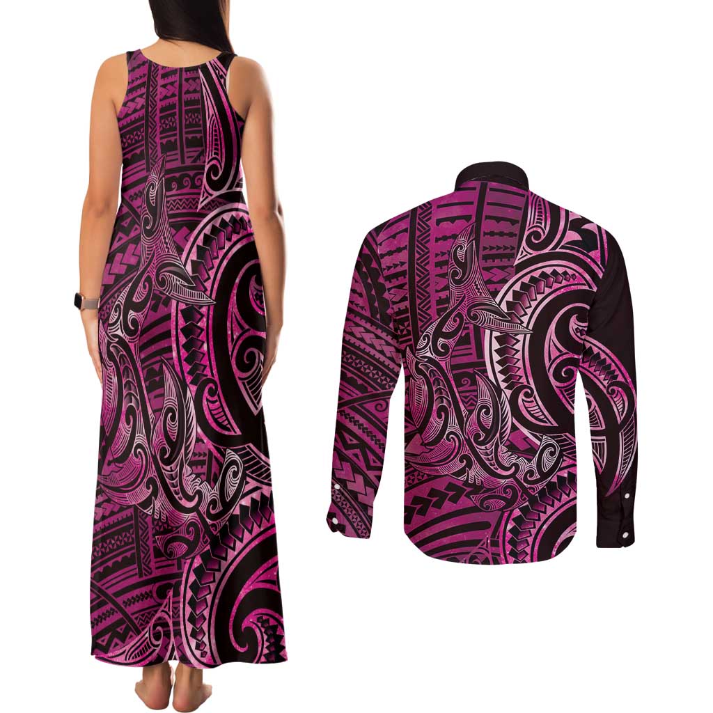 New Zealand Hammerhead Shark Couples Matching Tank Maxi Dress and Long Sleeve Button Shirt Maori Haehae Mangopare Pink - Polynesian Pride
