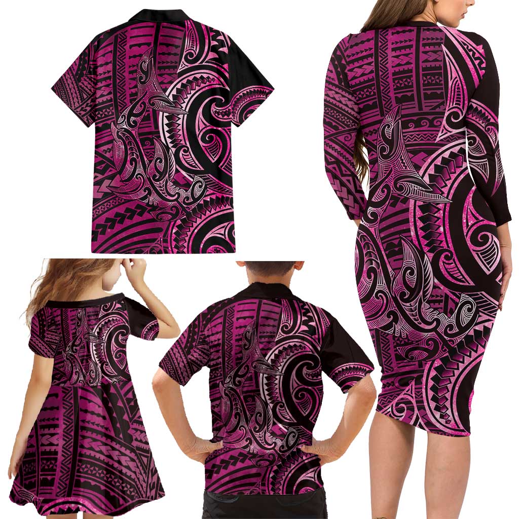 New Zealand Hammerhead Shark Family Matching Long Sleeve Bodycon Dress and Hawaiian Shirt Maori Haehae Mangopare Pink - Polynesian Pride