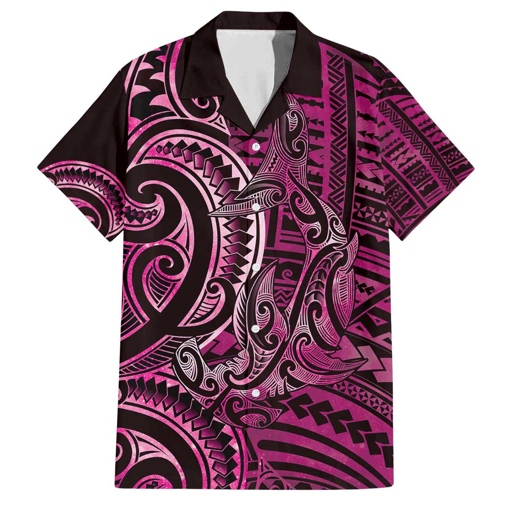 New Zealand Hammerhead Shark Family Matching Long Sleeve Bodycon Dress and Hawaiian Shirt Maori Haehae Mangopare Pink - Polynesian Pride