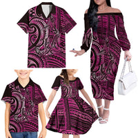 New Zealand Hammerhead Shark Family Matching Off The Shoulder Long Sleeve Dress and Hawaiian Shirt Maori Haehae Mangopare Pink - Polynesian Pride