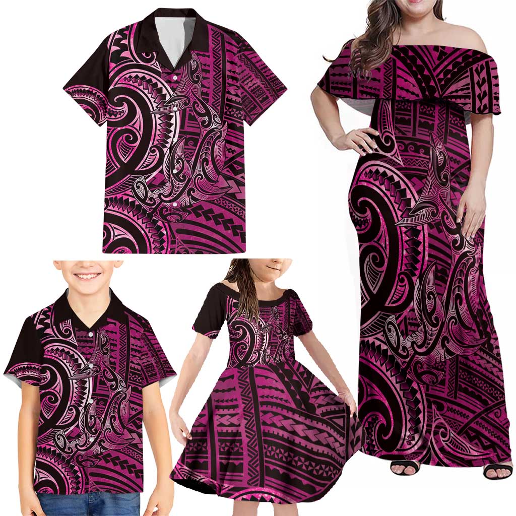 New Zealand Hammerhead Shark Family Matching Off Shoulder Maxi Dress and Hawaiian Shirt Maori Haehae Mangopare Pink - Polynesian Pride