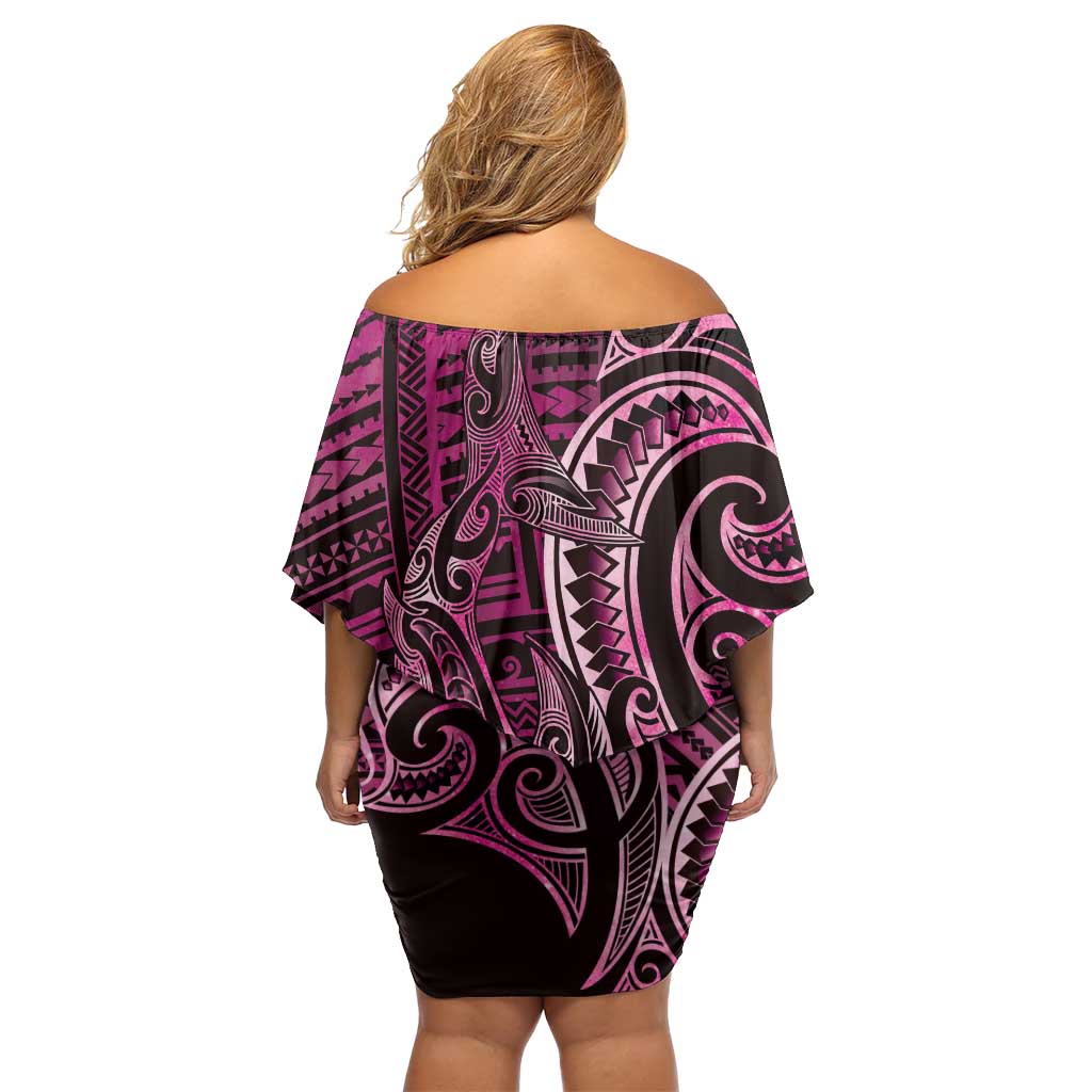New Zealand Hammerhead Shark Family Matching Off Shoulder Short Dress and Hawaiian Shirt Maori Haehae Mangopare Pink - Polynesian Pride