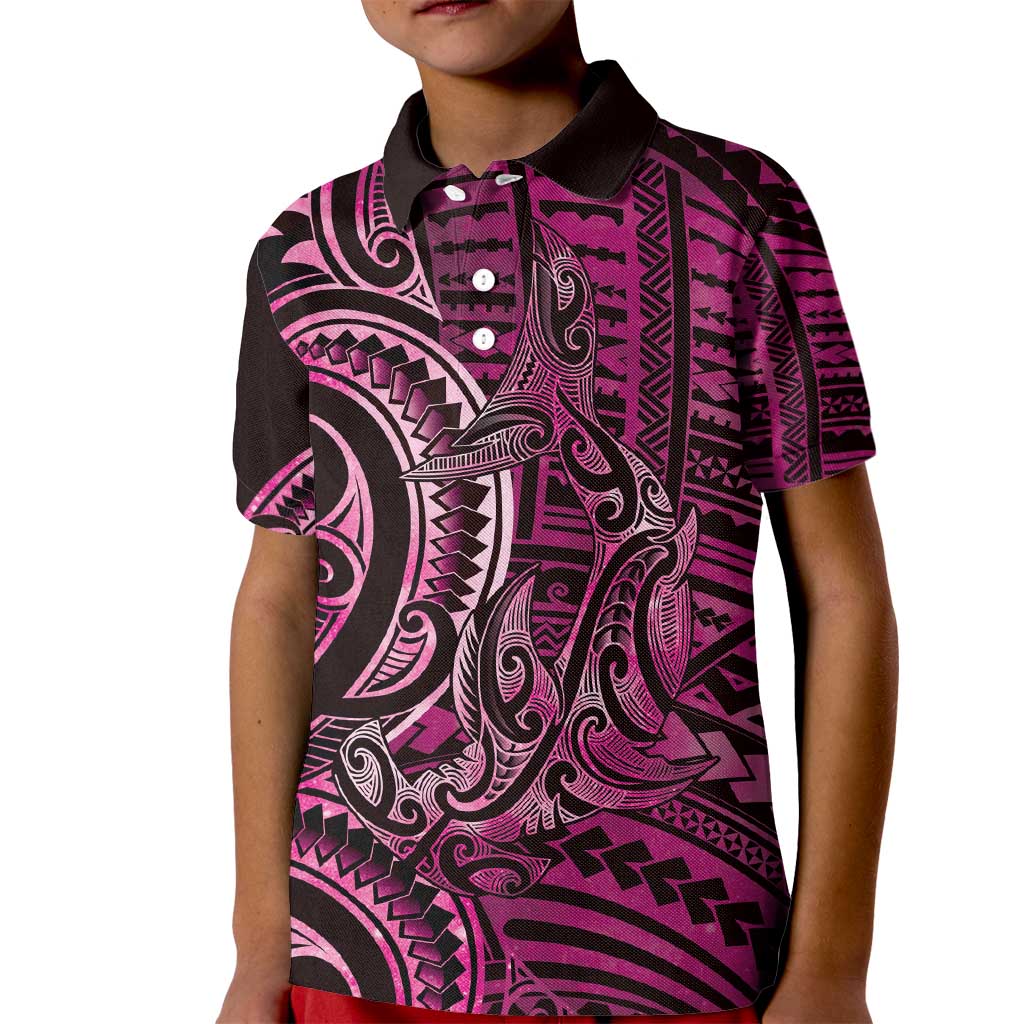 New Zealand Hammerhead Shark Kid Polo Shirt Maori Haehae Mangopare Pink - Polynesian Pride