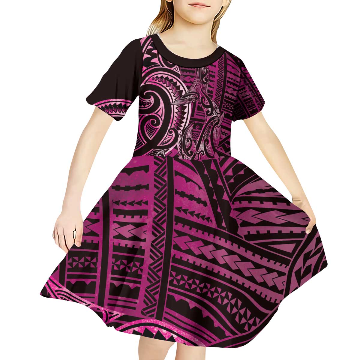 New Zealand Hammerhead Shark Kid Short Sleeve Dress Maori Haehae Mangopare Pink - Polynesian Pride