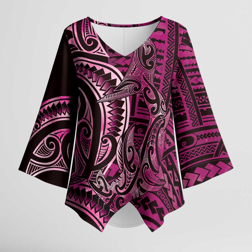 New Zealand Hammerhead Shark Kimono Sleeve Blouse Maori Haehae Mangopare Pink - Polynesian Pride