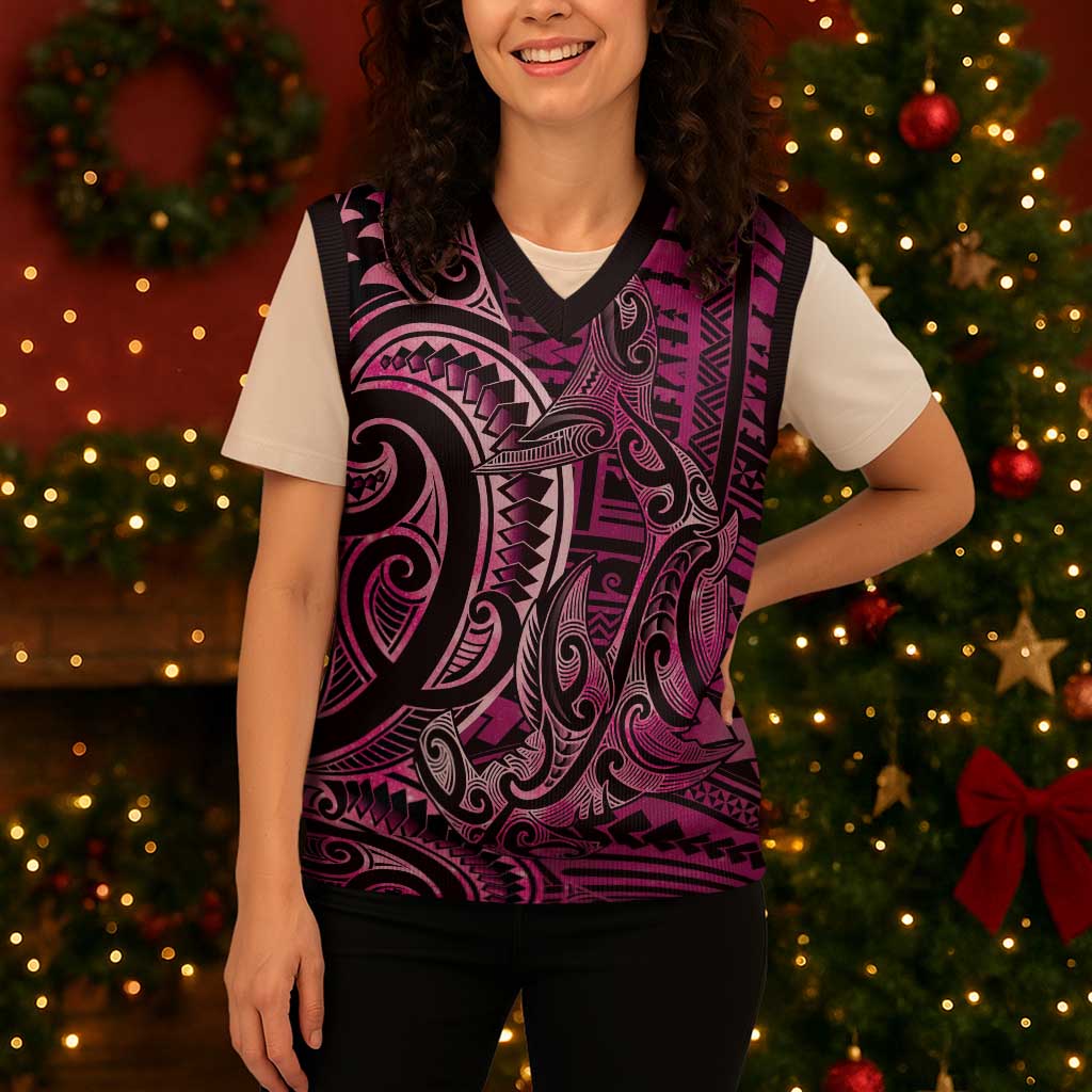 New Zealand Hammerhead Shark Christmas Knitted V-Neck Vest Maori Haehae Mangopare Pink - Polynesian Pride