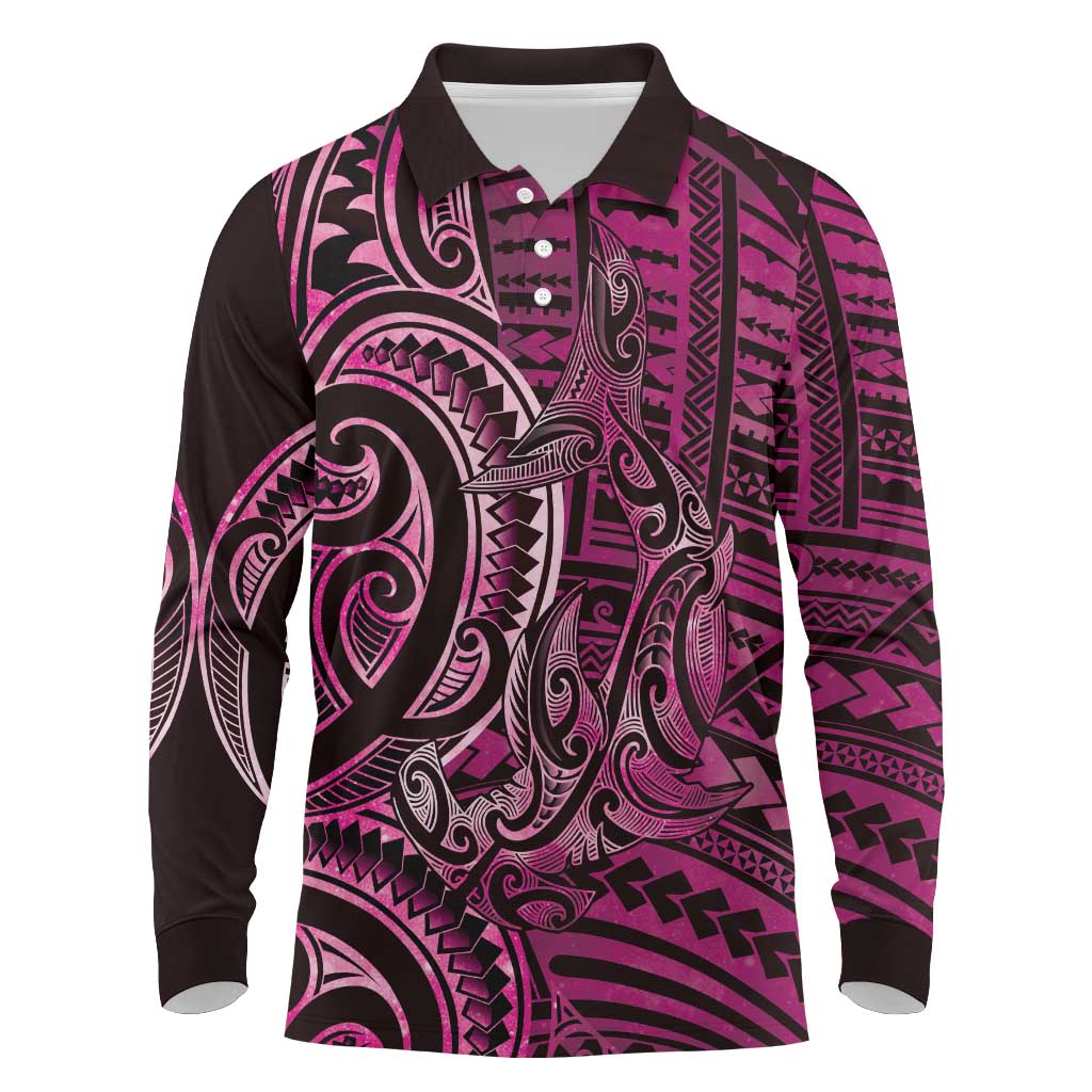 New Zealand Hammerhead Shark Long Sleeve Polo Shirt Maori Haehae Mangopare Pink - Polynesian Pride
