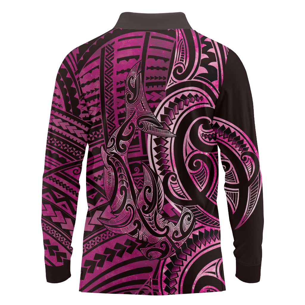 New Zealand Hammerhead Shark Long Sleeve Polo Shirt Maori Haehae Mangopare Pink - Polynesian Pride