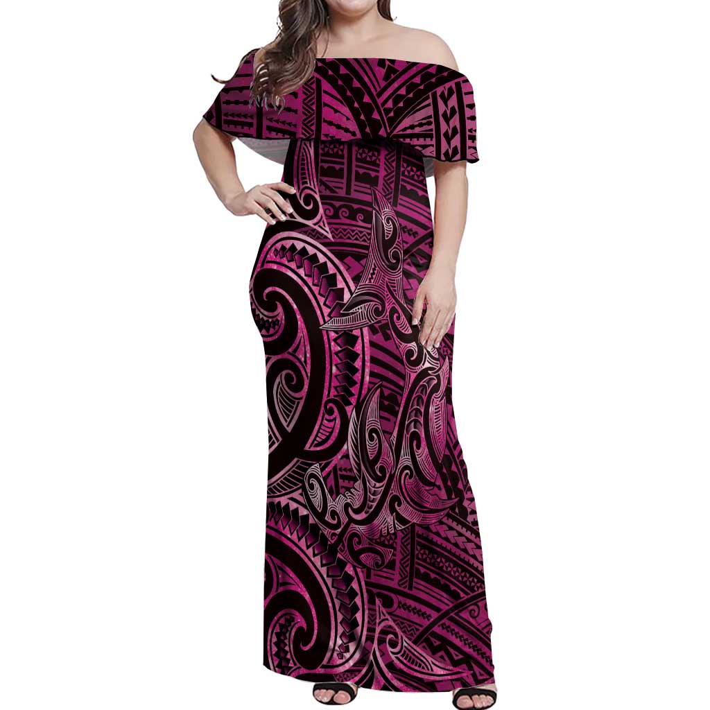 New Zealand Hammerhead Shark Off Shoulder Maxi Dress Maori Haehae Mangopare Pink - Polynesian Pride