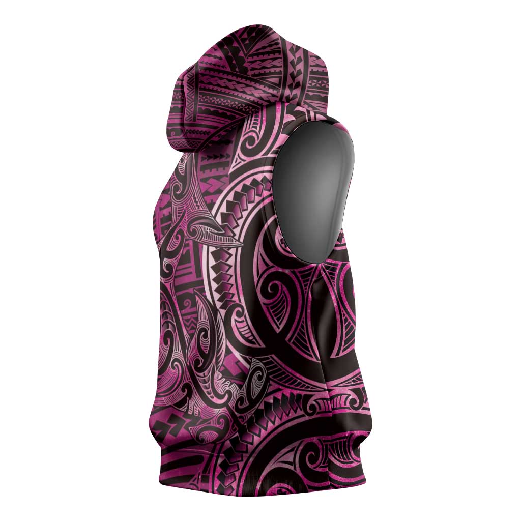 New Zealand Hammerhead Shark Sleeveless Hoodie Maori Haehae Mangopare Pink - Polynesian Pride