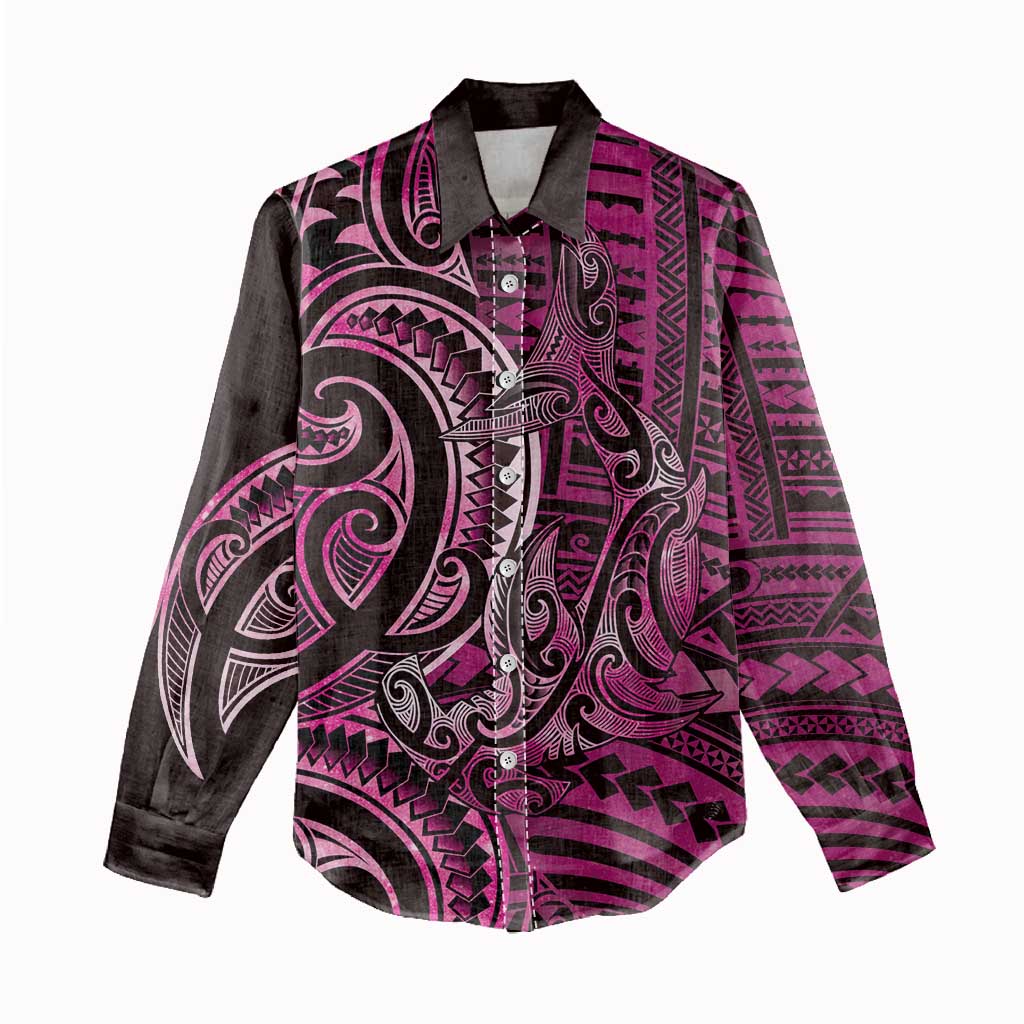 New Zealand Hammerhead Shark Women Casual Shirt Maori Haehae Mangopare Pink - Polynesian Pride