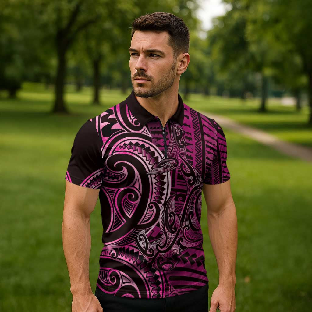 New Zealand Hammerhead Shark Zipper Polo Shirt Maori Haehae Mangopare Pink - Polynesian Pride