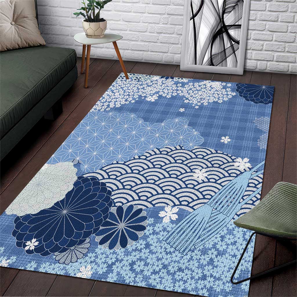 Blue Palaka Japanese Patterns Area Rug Asanoha Seigaiha Sakura Motif - Polynesian Pride