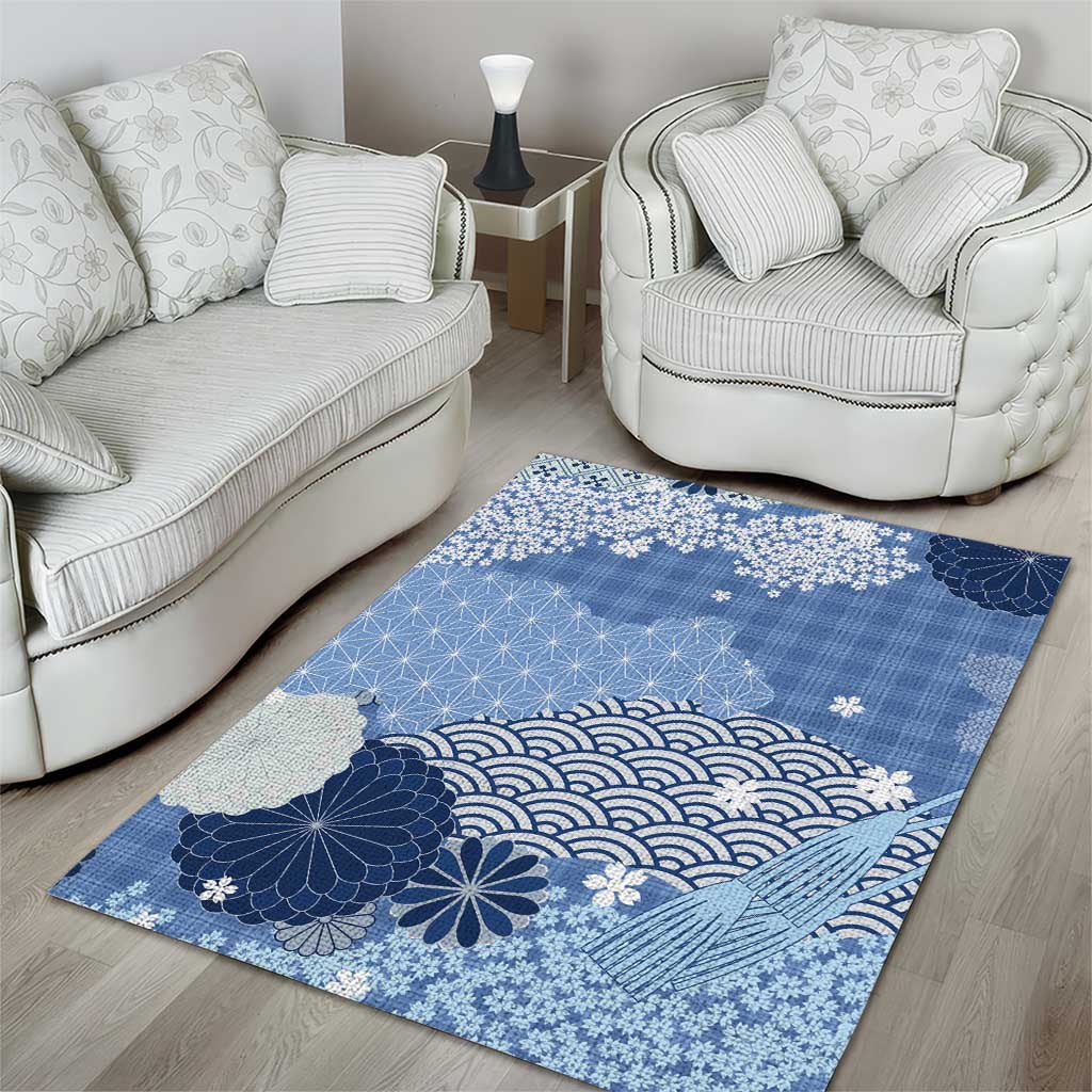 Blue Palaka Japanese Patterns Area Rug Asanoha Seigaiha Sakura Motif - Polynesian Pride