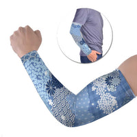 Blue Palaka Japanese Patterns Arm Sleeves Asanoha Seigaiha Sakura Motif - Polynesian Pride
