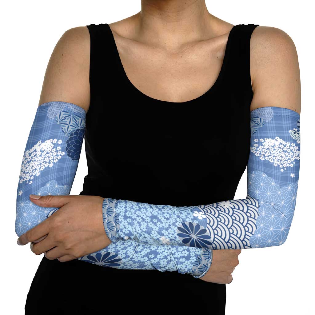 Blue Palaka Japanese Patterns Arm Sleeves Asanoha Seigaiha Sakura Motif - Polynesian Pride