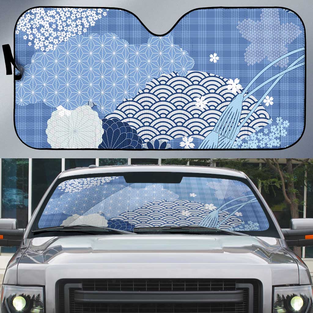 Blue Palaka Japanese Patterns Auto Sun Shade Asanoha Seigaiha Sakura Motif - Polynesian Pride