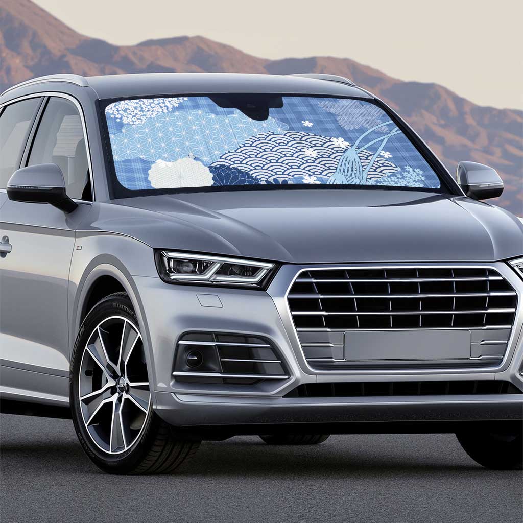 Blue Palaka Japanese Patterns Auto Sun Shade Asanoha Seigaiha Sakura Motif - Polynesian Pride