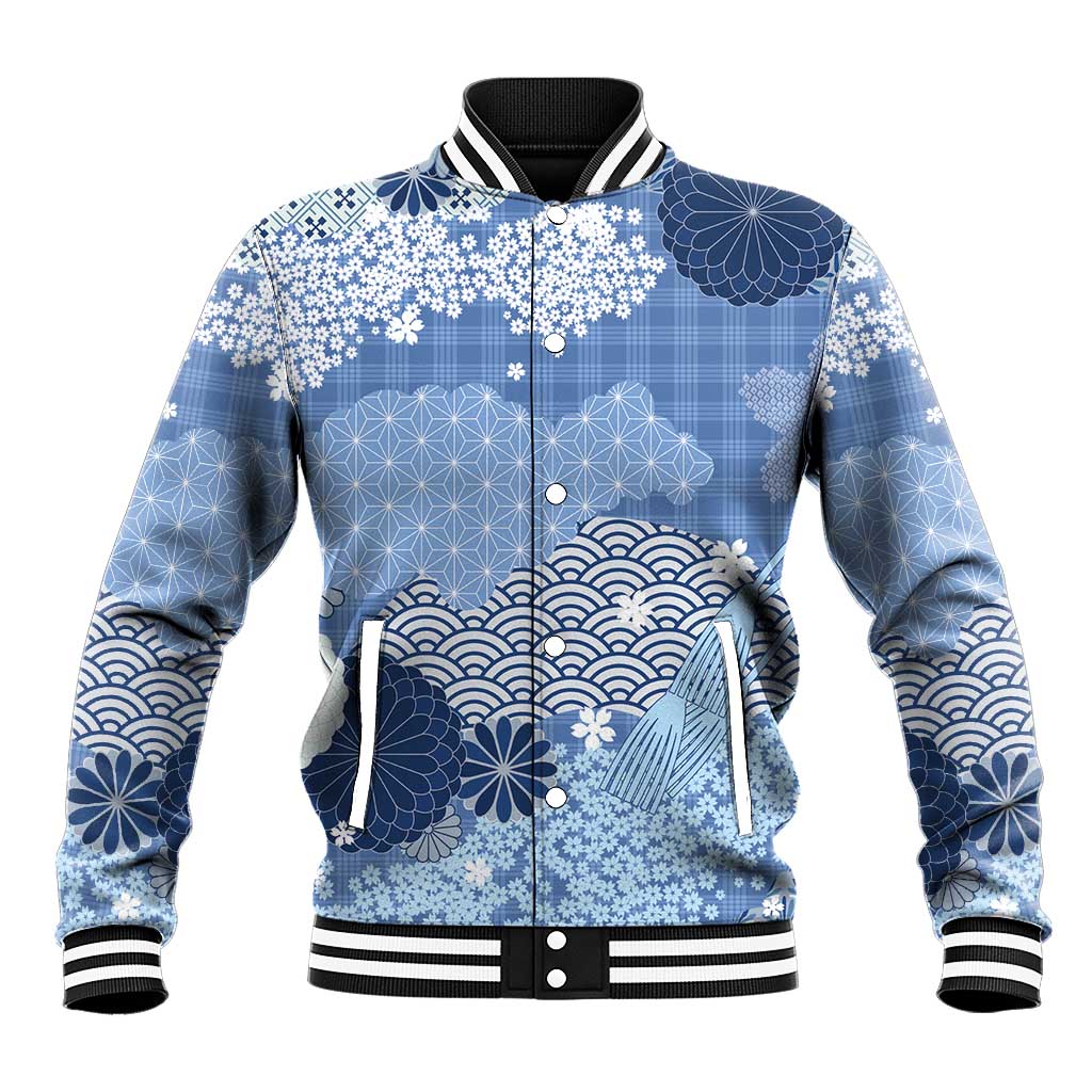 Blue Palaka Japanese Patterns Baseball Jacket Asanoha Seigaiha Sakura Motif - Polynesian Pride
