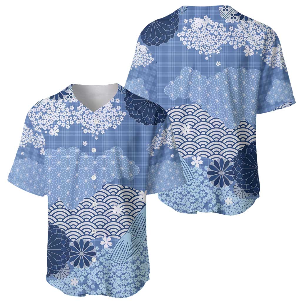 Blue Palaka Japanese Patterns Baseball Jersey Asanoha Seigaiha Sakura Motif - Polynesian Pride