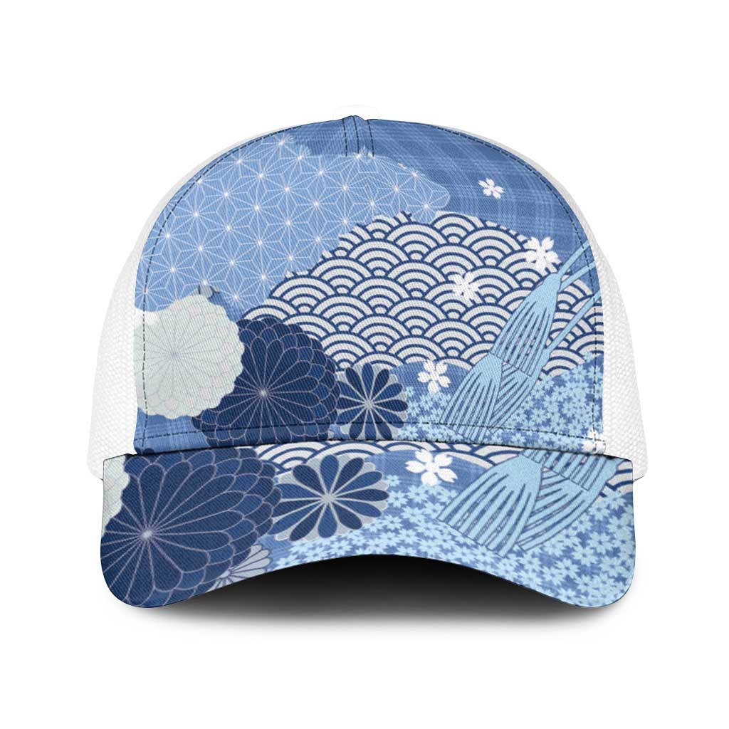 Blue Japanese Traditional Motifs Baseball Net Cap Palaka With Asanoha Seigaiha Sakura - Polynesian Pride
