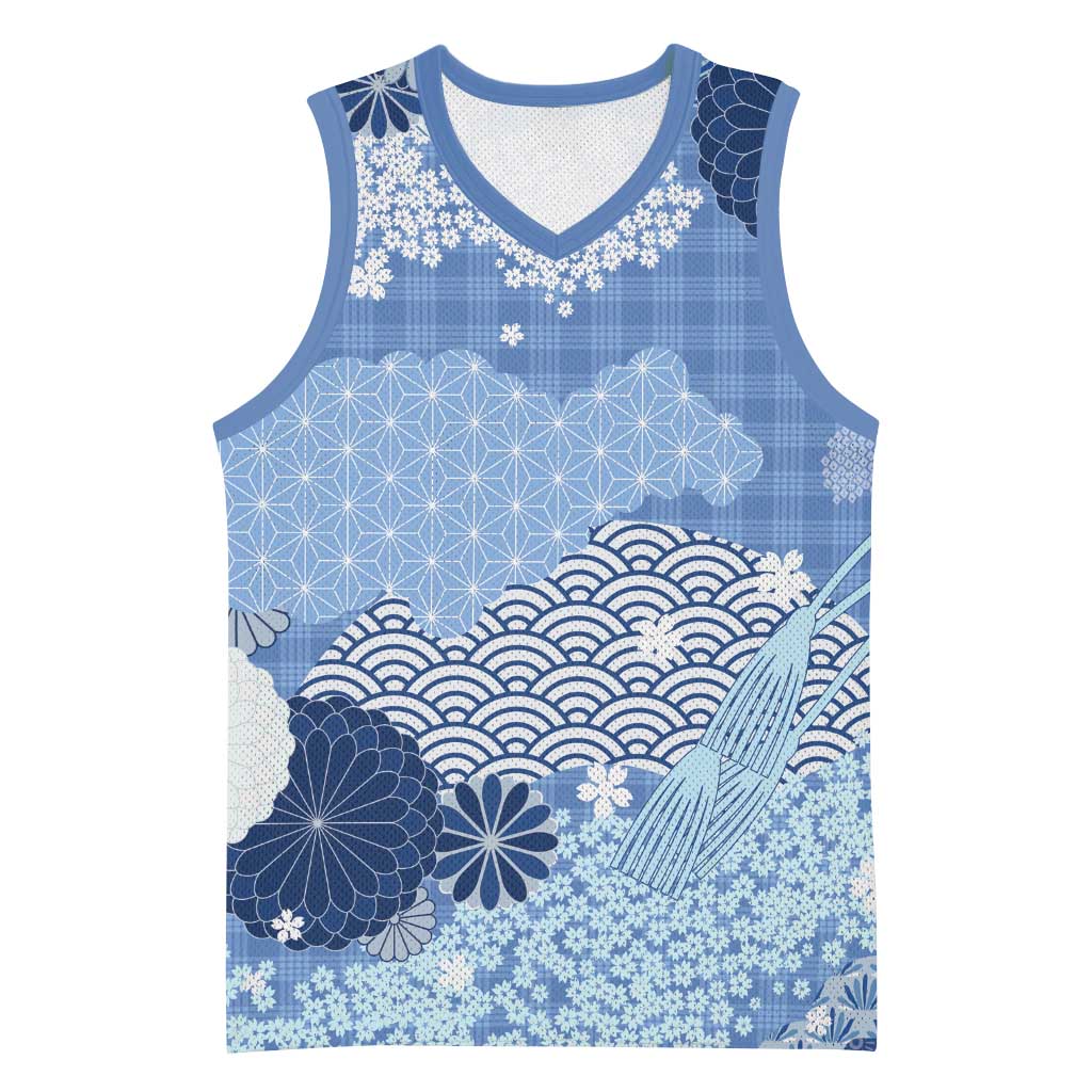 Blue Palaka Japanese Patterns Basketball Jersey Asanoha Seigaiha Sakura Motif - Polynesian Pride