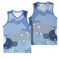 Blue Palaka Japanese Patterns Basketball Jersey Asanoha Seigaiha Sakura Motif - Polynesian Pride