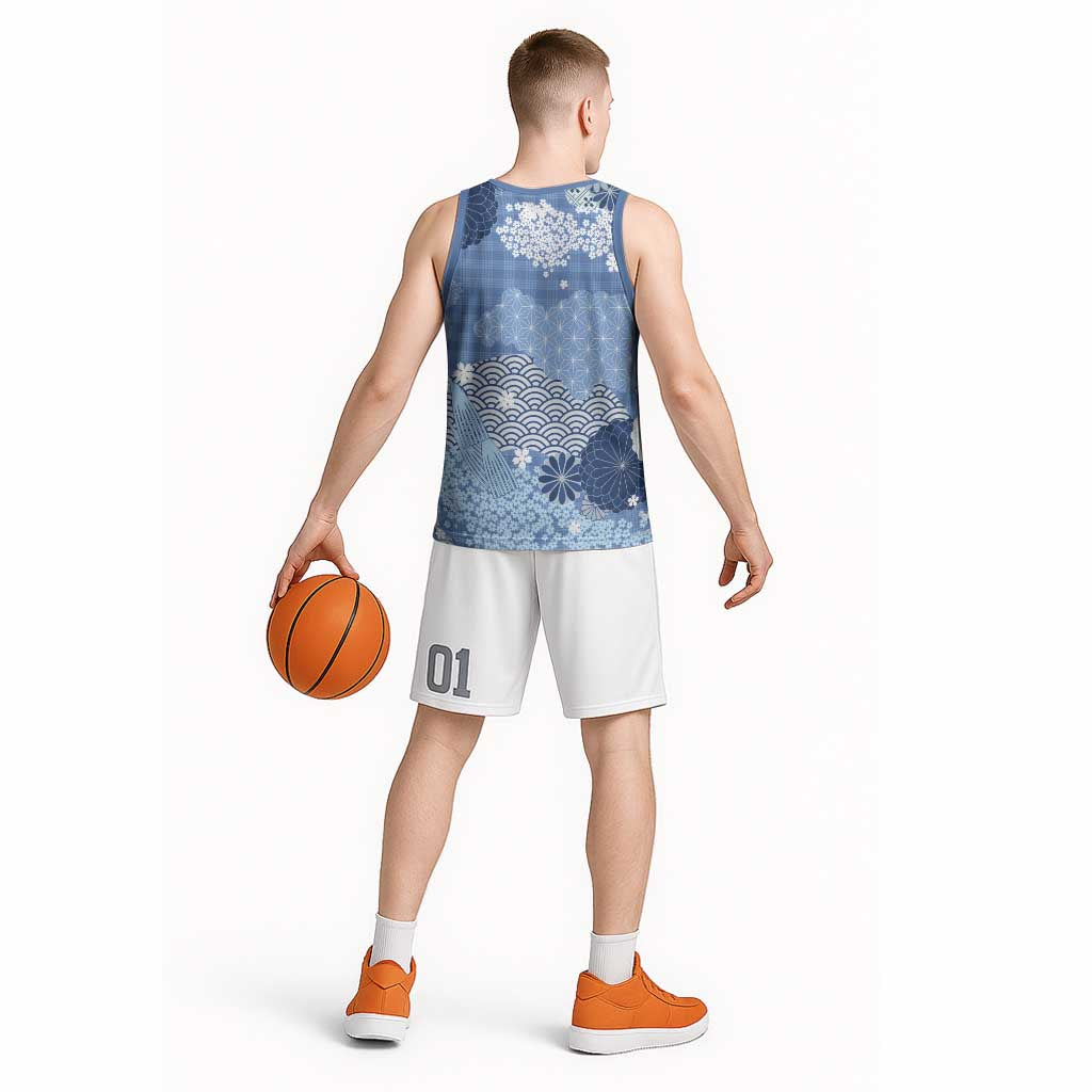 Blue Palaka Japanese Patterns Basketball Jersey Asanoha Seigaiha Sakura Motif - Polynesian Pride