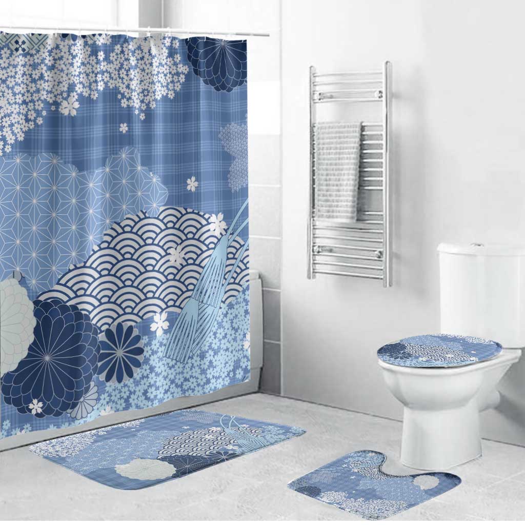 Blue Palaka Japanese Patterns Bathroom Set Asanoha Seigaiha Sakura Motif - Polynesian Pride