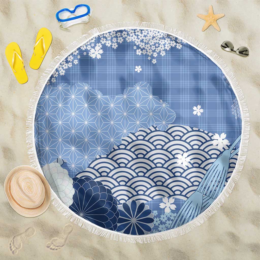 Blue Palaka Japanese Patterns Beach Blanket Asanoha Seigaiha Sakura Motif - Polynesian Pride