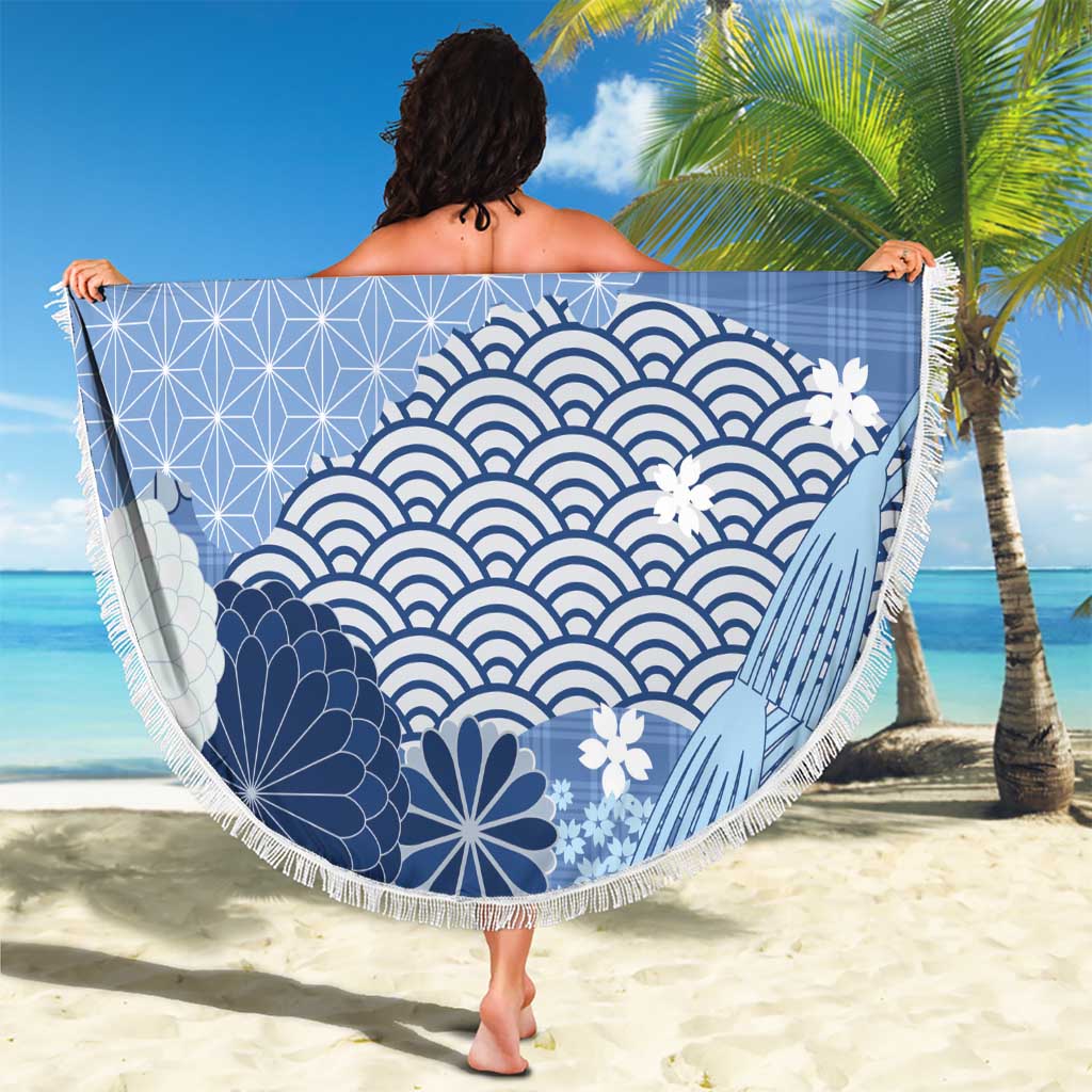 Blue Palaka Japanese Patterns Beach Blanket Asanoha Seigaiha Sakura Motif - Polynesian Pride