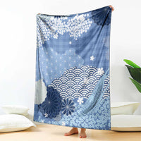 Blue Palaka Japanese Patterns Blanket Asanoha Seigaiha Sakura Motif - Polynesian Pride