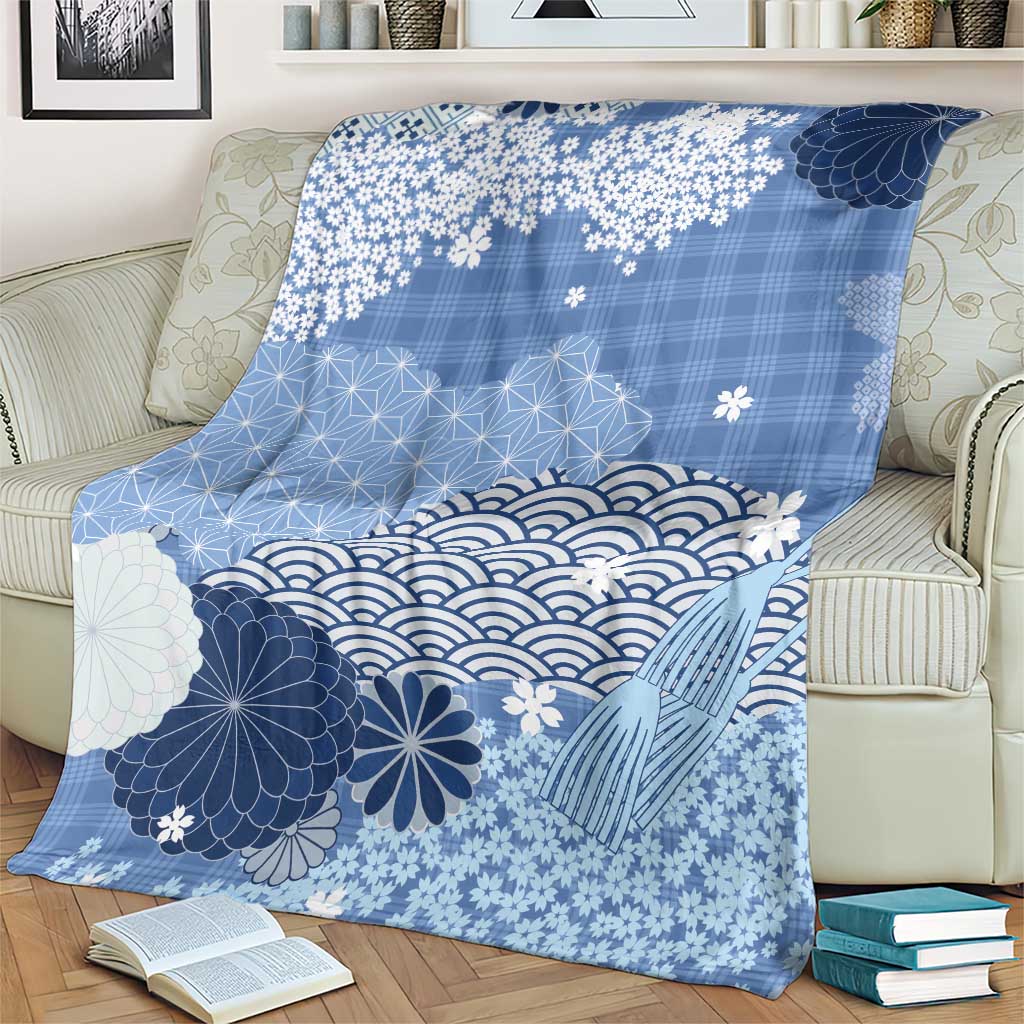 Blue Palaka Japanese Patterns Blanket Asanoha Seigaiha Sakura Motif - Polynesian Pride