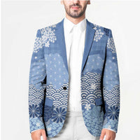 Blue Palaka Japanese Patterns Blazer Asanoha Seigaiha Sakura Motif - Polynesian Pride