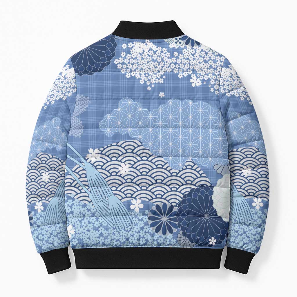 Blue Palaka Japanese Patterns Bomber Puffer Jacket Asanoha Seigaiha Sakura Motif - Polynesian Pride