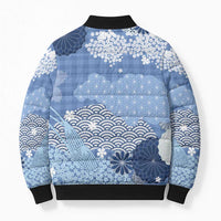 Blue Palaka Japanese Patterns Bomber Puffer Jacket Asanoha Seigaiha Sakura Motif - Polynesian Pride