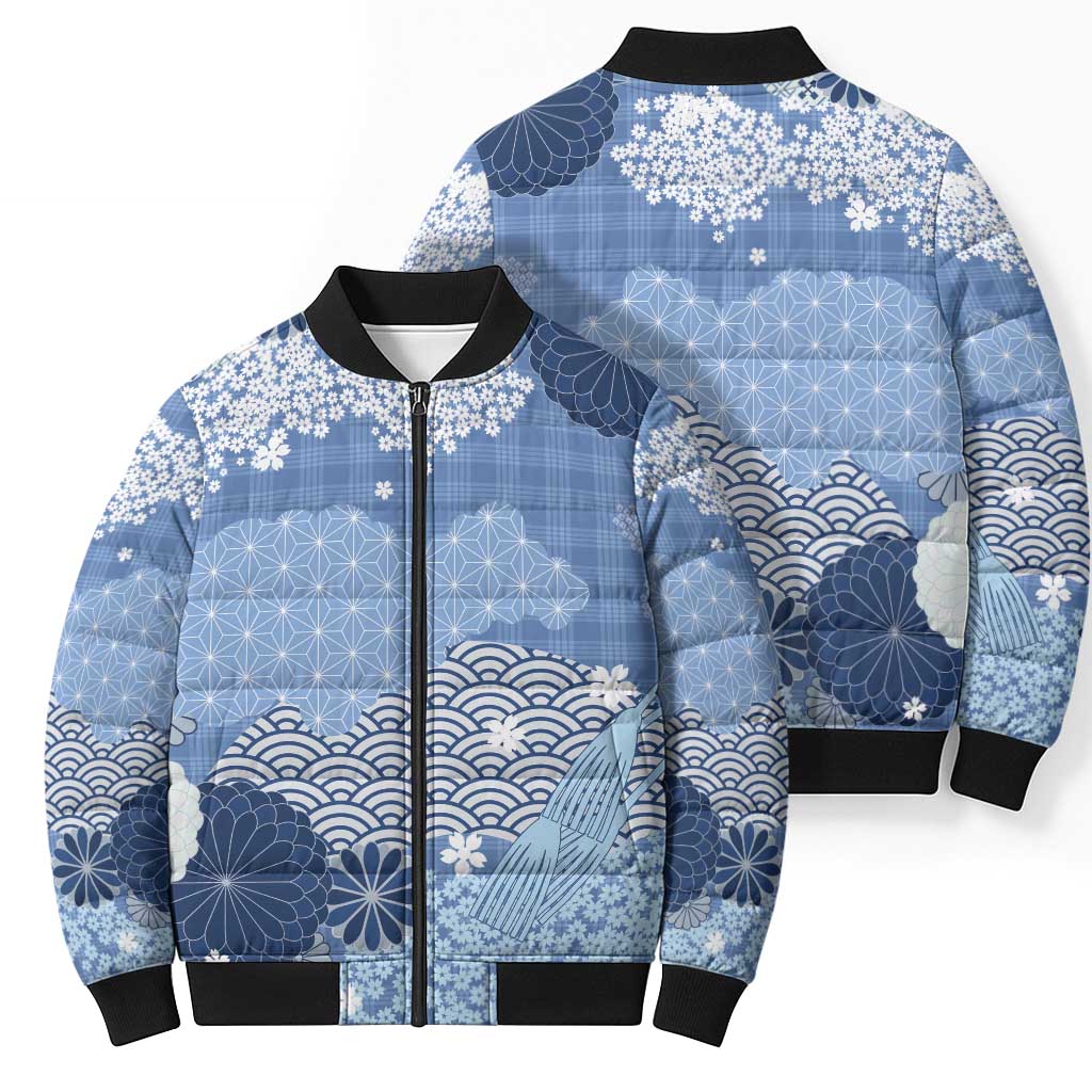 Blue Palaka Japanese Patterns Bomber Puffer Jacket Asanoha Seigaiha Sakura Motif - Polynesian Pride