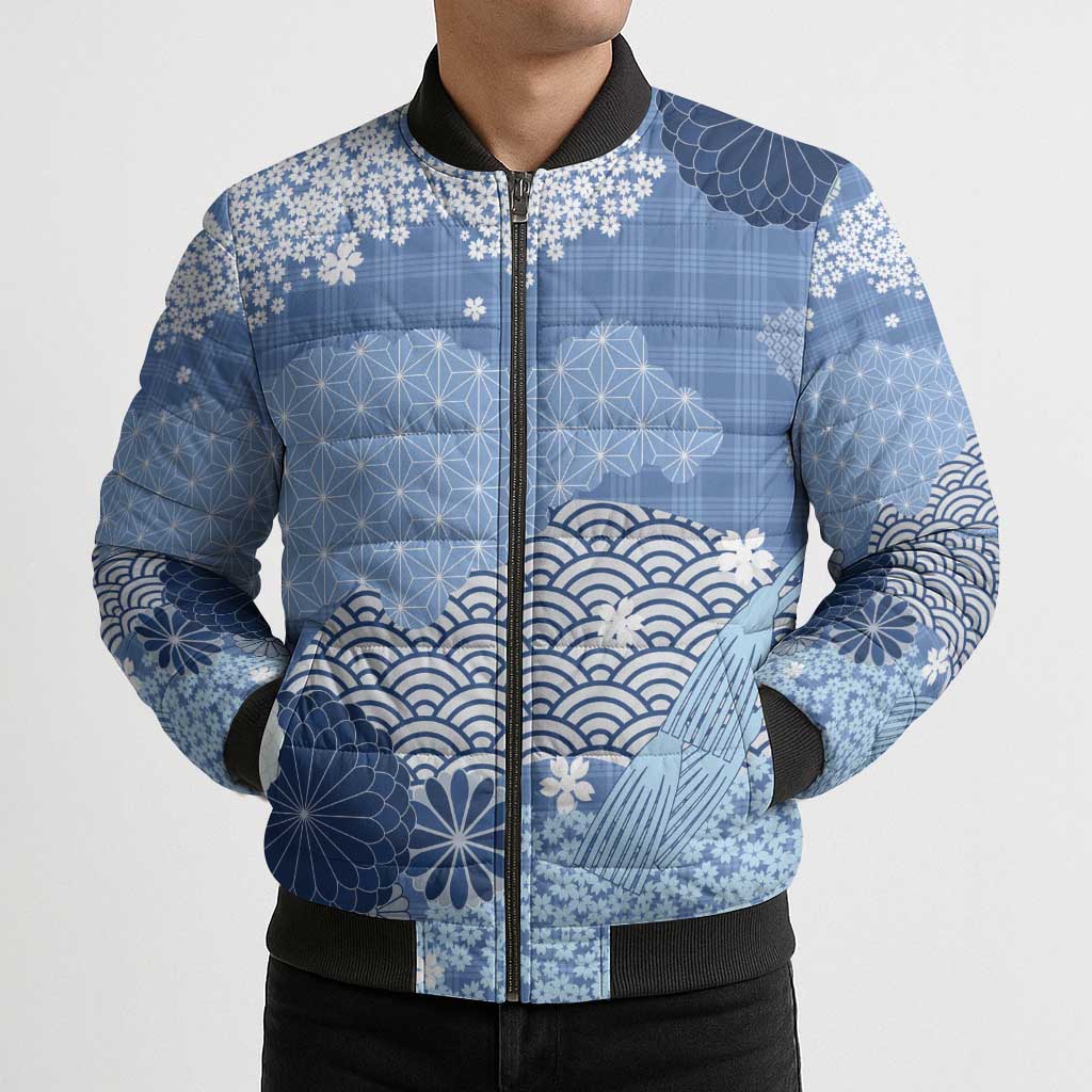 Blue Palaka Japanese Patterns Bomber Puffer Jacket Asanoha Seigaiha Sakura Motif - Polynesian Pride