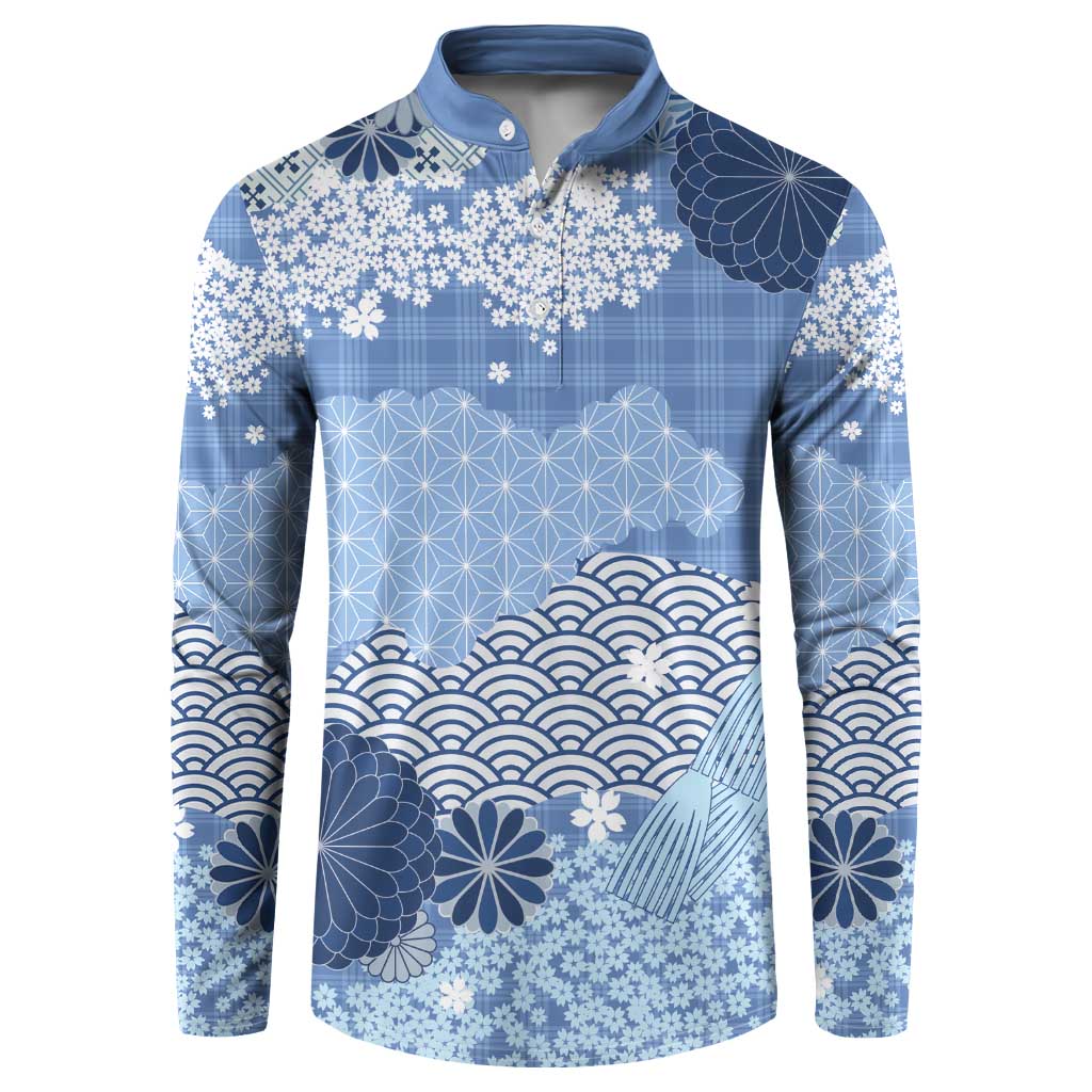 Blue Palaka Japanese Patterns Button Sweatshirt Asanoha Seigaiha Sakura Motif - Polynesian Pride