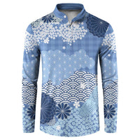 Blue Palaka Japanese Patterns Button Sweatshirt Asanoha Seigaiha Sakura Motif - Polynesian Pride