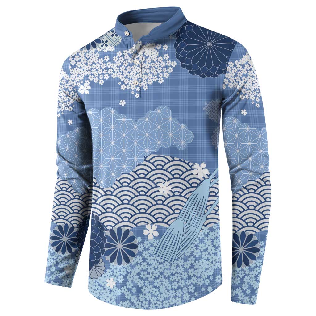 Blue Palaka Japanese Patterns Button Sweatshirt Asanoha Seigaiha Sakura Motif - Polynesian Pride