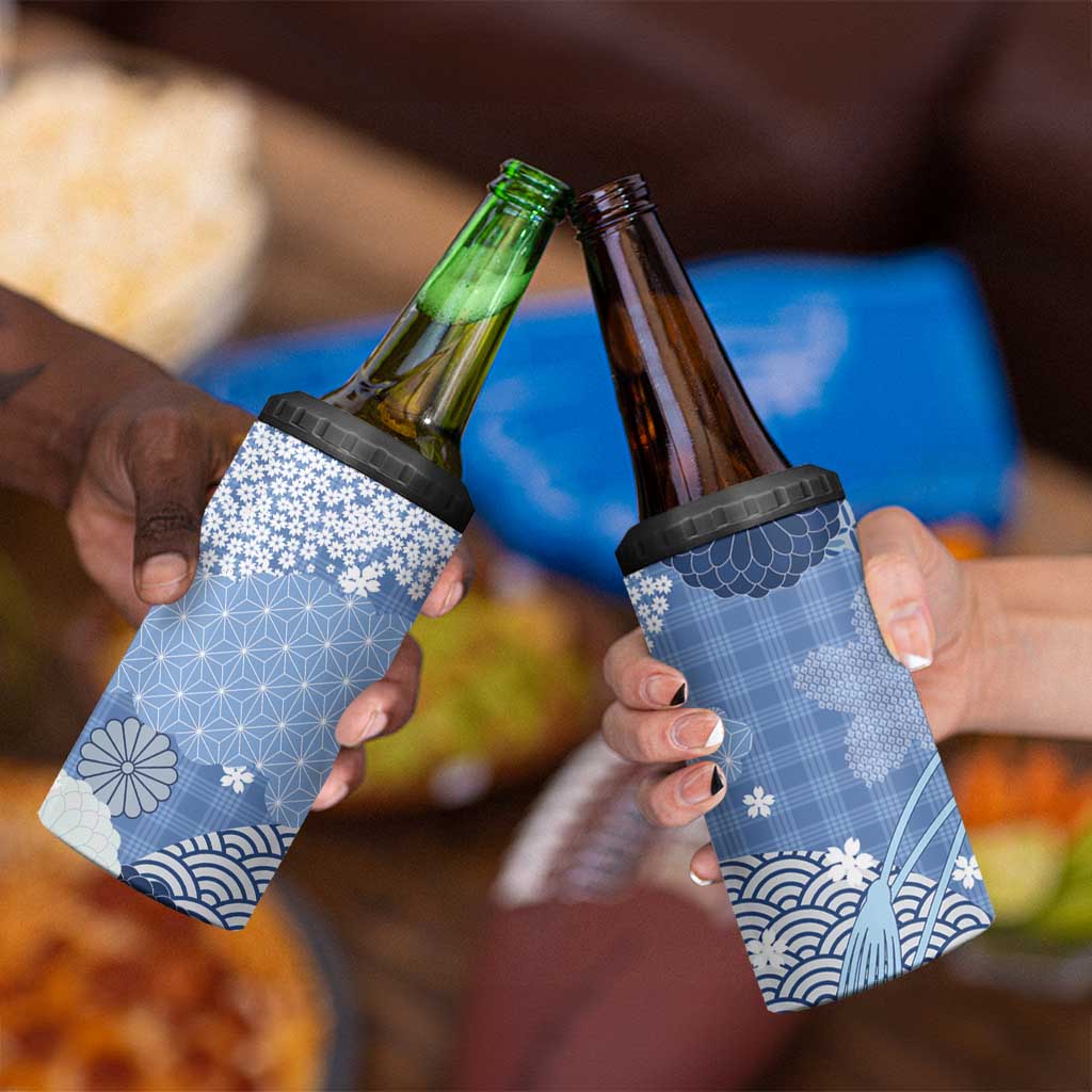 Blue Palaka Japanese Patterns 4 in 1 Can Cooler Tumbler Asanoha Seigaiha Sakura Motif - Polynesian Pride